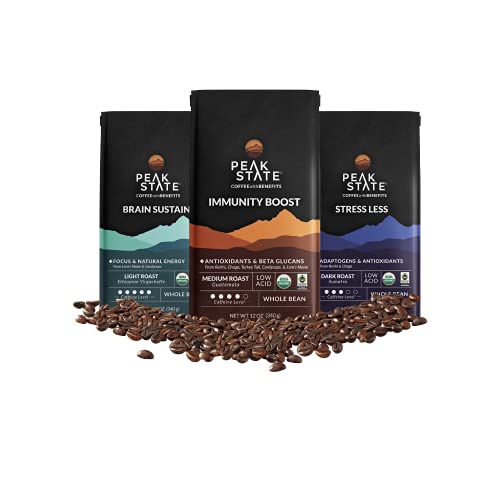 Peak State Coffee - Organic Functional Mushroom Coffee - Contains Reishi, Lion's Mane and Chaga Mushrooms - Improves Focus, Immune Support and Energy (3 x 12 oz Bags - Variety Pack)