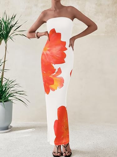 Image of PRETTYGARDEN Women Summer Strapless Maxi Dress Bodycon Floral Sexy Long Wedding Guest Dress Formal Tube Mesh Cocktail Dresses