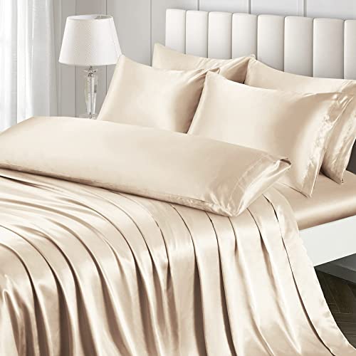 Image of Ersmak 7 Pieces Satin Sheets Set California King Size, Luxury Silky Beige Satin Bed Sheets Set with 1 Deep Pocket Fitted Sheet, 1 Soft Flat Sheet, 4 King Pillowcases and 1 Body Pillowcase