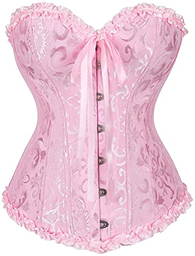 KSHUN Women's Corsets Lace Up Boned Overbust Corset Bustier Lingerie Satin Floral Bustier Bodyshaper Top Pink Medium