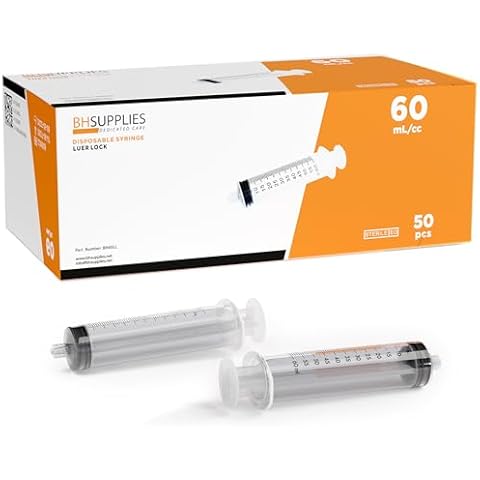 BH Supplies 60ml Luer Lock Tip Syringes (No Needle) - Sterile, Individually Wrapped - 50 Syringes Cover