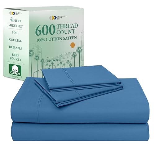 California Design Den Natural 100% Cotton Bed Sheets Full Size Set - Luxury 600 Thread Count Sateen, Hotel Quality Cooling Sheets, Fully Elasticized Deep Pockets, Crisp and Durable - Parisian Blue