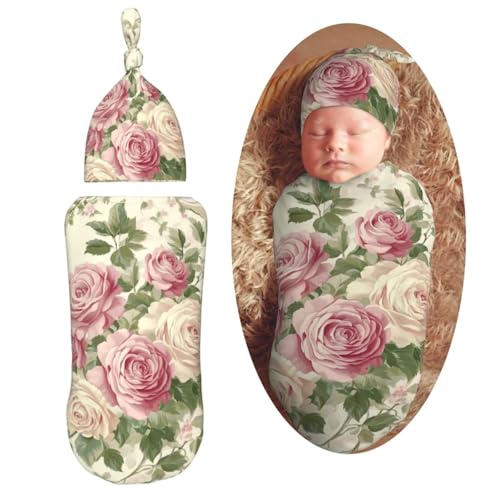 Image of Vintage Pink Rose Floral Swaddle Blanket with Beanie Hat Set Newborn Receiving Blankets Baby Swaddle Wrap Soft Swaddle Blankets for Baby Boys and Girls