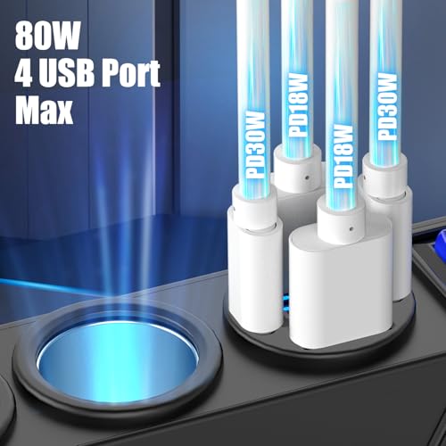 Image of 12V 24V Car Charger Socket Splitter with 10FT /3M Cable, 3 Cigarette Lighter Socket Multi 4 Port Adapter Plug with LED Display Master Switch Independent Switch,12 Volt Power Outlet with Eyelet Terminal