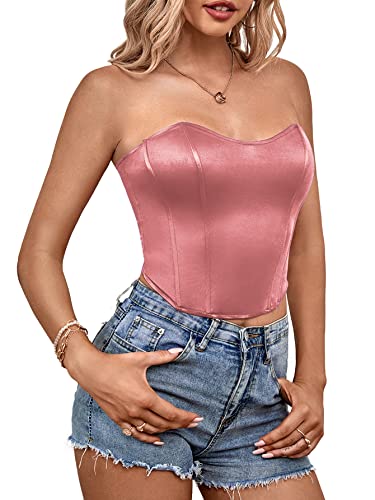 Lyaner Women’s Sexy Satin Sweetheart Neck Crop Tube Tops Strapless Bustier Cami Corset Top Dusty Pink X-Small #TOP2