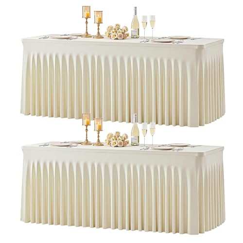 2 Pack 6ft Beige Spandex Tablecloths for Rectangle Tables Wrinkle Free Beige Rectangle Table Cloth Stretch Fitted Table Cover with Skirt for Wedding Birthday Party Banquet Baby Shower Buffet Event