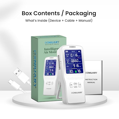 Image of Air Quality Monitor 6-in-1 Indoor Pollution Meter - TVOC, HCHO (Formaldehyde), CO₂, Temperature & Humidity Detector - Smart IAQ Alarm, Type-C Charging, 2000mAh Battery - Calibrated for Indian Air