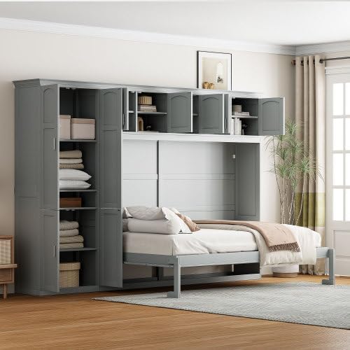 Queen Size Murphy Bed with Storage Cabinets, Foldable Space-Saving Cabinet Bed Wall Bed, Murphy Bed Cabinet for Bedroom, Guest Room, Home Office, Grey