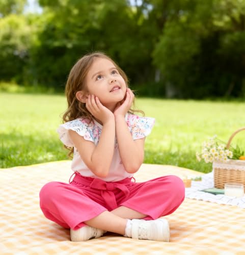 Image of Toddler Kid Girl Clothes Casual Ruffle Sleeve Floral Printed Top Solid Pants with Belt 3PC Outfit Set