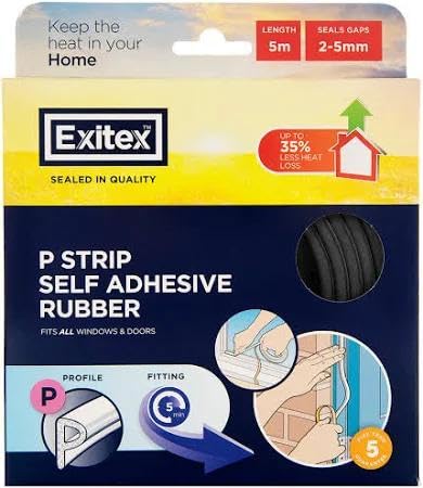 Exitex P Strip 5m Self-Adhesive EPDM Door & Window Draught Seal (Black)