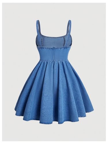 WDIRARA Women's Casual Square Neck Denim Dress Ruffle Hem A Line Mini Dress2