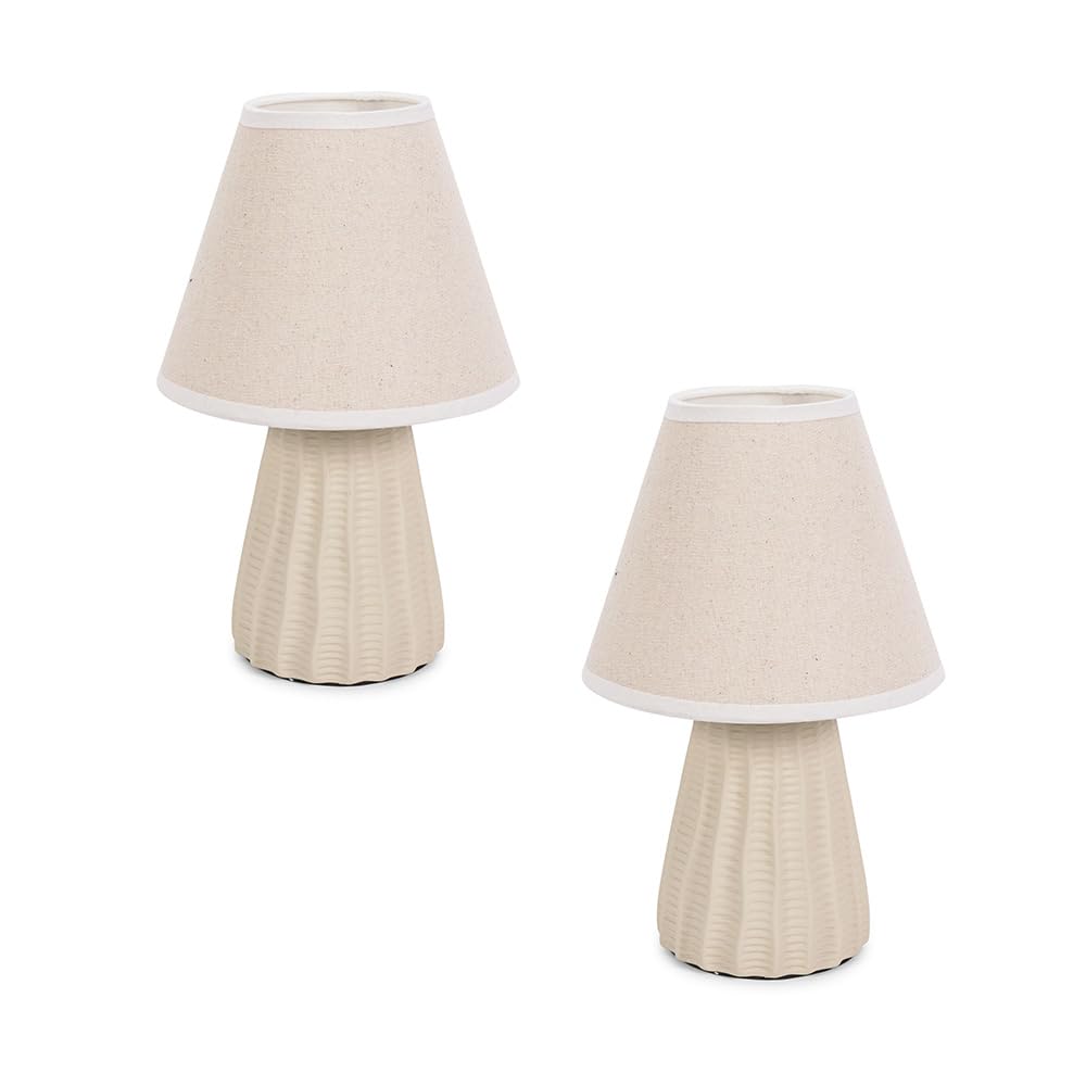Valuelights Saskia Pair OfNatural Ceramic Textured Base Bedside Table Lamp With Linen Tapered Shade from B&Q