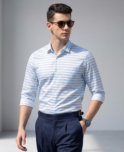 Image of IndoPrimo Men's Striped Casual Shirt | Premium Cotton Formal Shirt for Man | Slim Fit Full Sleeve Strip with Pocket | Office, Business & Smart Casual Wear