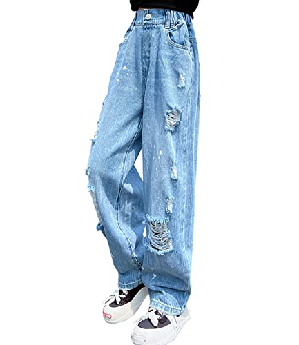 Amazon.com: SSHYJUN Girls Wide Leg Ripped Jeans Casual Baggy