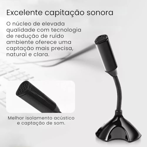 Microfone USB para Computador, Laptop, Notebook, Streaming, Ajustável e Flexível com Captação Omnidi