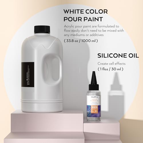 Nicpro Titanium White Color Acrylic Pour Paint, 33.8 Ounce Pre-Mixed Pouring Paint Supplies with Silicone Pour Oil & Gloves for Canvas, Rock, Wood Cell Creation Flow DIY Art Painting, Ready to Pour