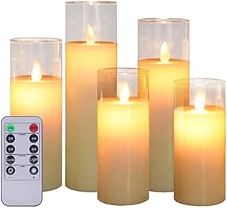 Aku Tonpa Set of 5 Flameless Candles Battery Operated Flickering Pillar LED Glass Candle Set with Remote Control Timer for Decorations