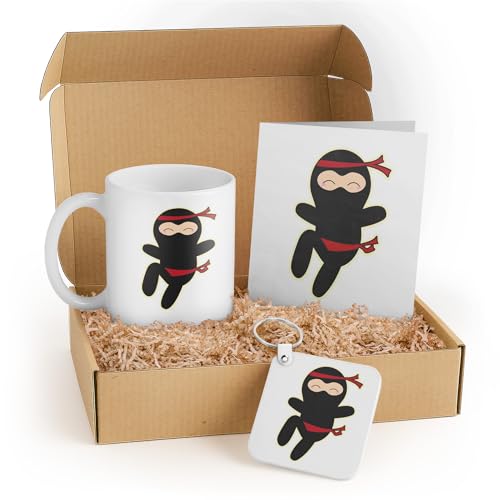 3dRose Ninja Cartoon Gift Set for Kids - Includes Mug, Keychain, and Card - Cute Black Ninja Character - Perfect for Birthdays and Fun Parties