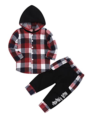 Image of Axumity Toddler Baby Boys Clothes Plaid Panel Long-sleeve Hooded Shirt + Sweatpants Fall Winter Outfits Set