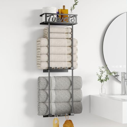 HapiRm Towel Rack Storage Organizer - 3 Tier Towel Holder for Bathroom Wall Mounted with Storage Basket and 6 Hooks Design for Rolled Towels, Black
