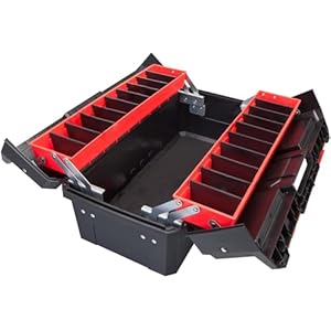 BIG RED AZ500R Torin Double Folding Multi-Function Portable Plastic Storage Tool Box with Removable Sheets, Organizer Tray and Clear Lid – Black/Red