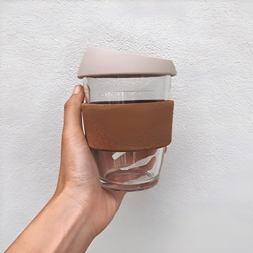 Image of Glass Coffe Mug with Lid and Straw, Reusable Sipper Bottle with Leather Sleeve Glasss Coffee Mug with Silicone Straw and Leakproof Lid Tumbler for Coffee (Coffee Mug)