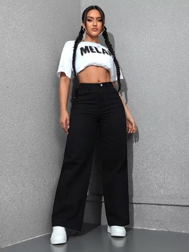 Image of London Hills Women's High Rise Wide Leg Jeans | Relaxed Fit Baggy Denim Pants | Stylish Straight Fit Comfortable Casual Wear Jeans for Women (Black)