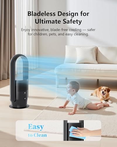 Image of ULTTY Bladeless Tower Fan and Air Purifier Combo, Quiet Oscillating Fan with Remote & Touch Control, 9 Speeds, 8H Timer, HEPA Air Filter, Safe Floor Fan for Bedroom Home Office Black, 23.5 inchinch