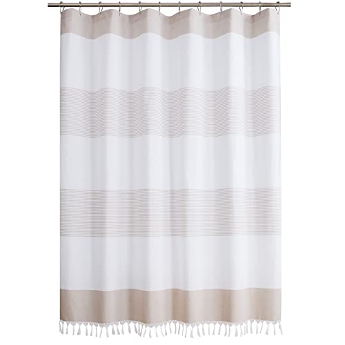 Mvsuta Suson Farmhouse Taupe Yarn Dyed Striped Polyester Jacquard Woven Fabric Waterproof Handmade Tassel Fringe Border Trim Boho Shower Curtain For Bathroom,72" W X 72" L #TOP6