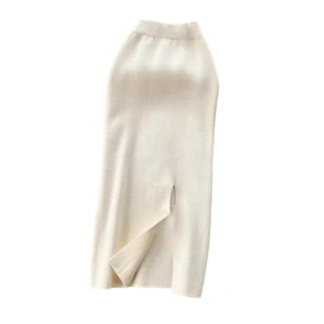 Womens Winter Warm Split Hem Knit A Line Long Skirt Elastic Waist Soft Casual Solid Skirt