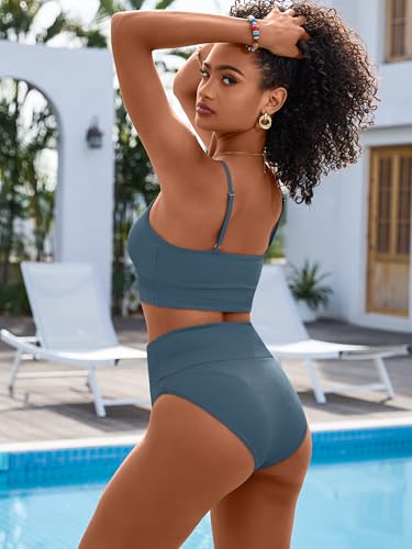 Image of ANRABESS Women's High Waisted Bikini Sets,Color Block 2 Piece Swimsuits,Tummy Control Bathing Suits,Thick Ribbed Beach Wear