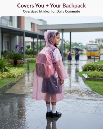 Image of Destinio Raincoat for Kids 6-12 Years, Waterproof Poncho for Kids, Thick PVC Knee Length Raincoat for Boys, Full Sleeve, Hood with Drawstring, Reusable Rain Coat for Girls, School Children