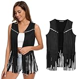 XonyiCos Damen Fringe Weste 70er Hippie Kostüm ärmellose Cowgirl Western Outfits Faux Wildleder Tassel Leder Oberbekleidung (DE/NL/SE/PL, Alphanumerisch, L, Regular, Regular, Schwarze Quaste Weste)