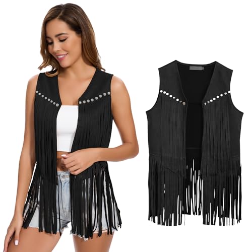 Women's Fringe Vest 60s 70s Hippie Vest Sleeveless Cowgirl Western Faux Suede Tassel Leather Jacket Party Halloween