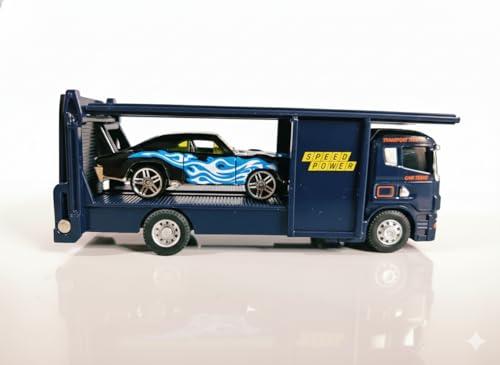 Image of Die Cast Transport Truck with Sports Car for Toddlers | Kids Trailer Toy with Mini Racing Car | Metal Carrier Vehicle for Boys and Girls 3+ Years | Friction Powered Transporter Toys (Blue)
