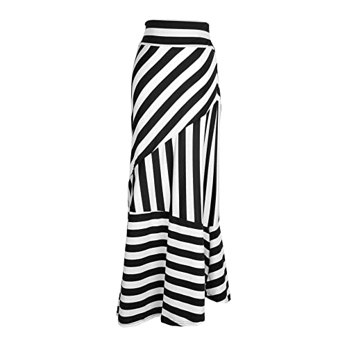 Monique Women Black & White Stripes Maxi Long Skirt High Waist Straight Full Skirt Summer Foldover Skirts Black+White Xl #TOP4
