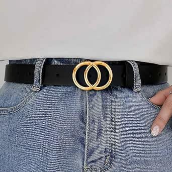 Women’s Faux Leather Belt with Dual Circle Buckle Adjustable Waist Design for Dresses Jeans Skirts Outfits Black-image-17