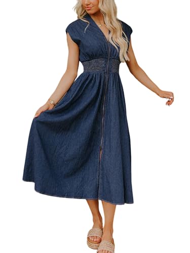 utcoco Womens Denim Dress Sleeveless V Neck Zip Up Smocked High Waist Ruffle A Line Long Midi Jean Dresses
