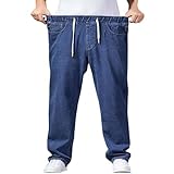 Djeanxa Men's Elastic Waist Jeans Plus Size Drawstring Pull On Casual Straight Leg Jeans Boys Denim Jogger Pants S-4XL