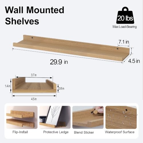 Image of Oak Floating Shelves for Wall Decor, 30 in Shelf with Lip, 2 Set | 4.5 inch Deep Display Picture Ledge Shelf, Long Wall Mounted Storage Shelves for Bedroom, Bathroom, Living Room, Kitchen, Nursery