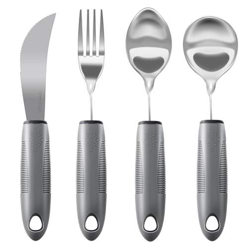 Bendable Adaptive Utensils, 4-Piece Heavy Duty, Stainless Steel Fork, Knife, and Spoon Adaptive Utensils Enhanced Stability While Eating for Elderly, Hand Tremors and Parkinson's Patients (Gray)