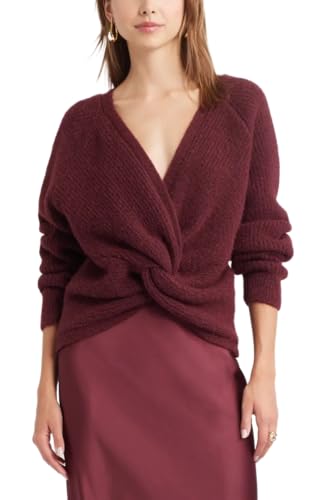 LANYO LILI Women's Sexy V Neck Twist Knot Sweater - Burgundy Reversible Open Back Knit Pullover, Long Sleeve Crop Top for Date Night