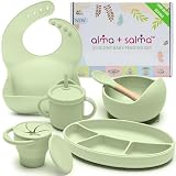 ALMA + SALMA Silicone Baby Feeding Set, Baby Led Weaning Supplies, Suction Plate & Bowl, Spoon, Bib, Cup, Snack Cup, Baby Dishes (OLIVER GREEN)