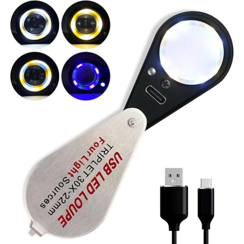 Loupe 30x rechargeable USB à éclairage LED et UV pour l'authentification