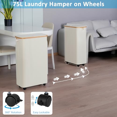 Image of efluky Slim Laundry Basket with Wheels, Tall Rolling Laundry Hamper with Lid and Removable Bag, Aesthetic Dirty Clothes Hamper on Wheels for Laundry Room, Bedroom, Dorm and Bathroom,75L Beige
