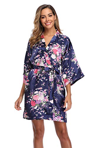 iFigure Women Floral Kimono Robe Satin Bridal Dressing Gown Bride Bridesmaid Robes Sleepwear, Navy, L