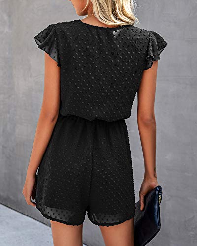 Btfbm Women 2023 Summer Fashion V Neck Wrap Rompers Swiss Dot Pocketed Elastic Waist Short Sleeve Beach Shorts Jumpsuit(Button Black, Medium) #TOP3