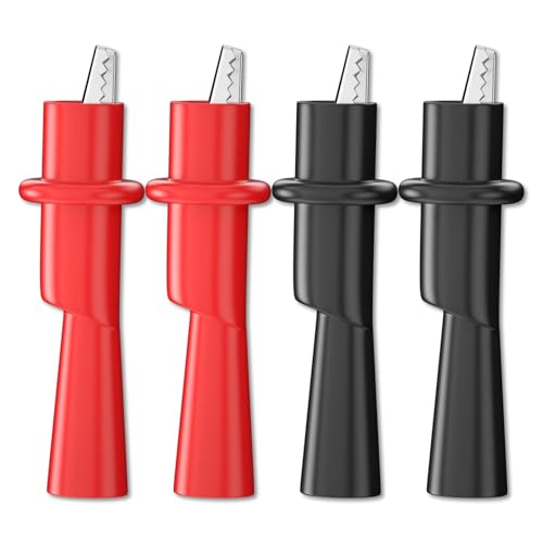 4PCS Push-on Alligator Clips for Multimeter (2mm Socket) | Nickel-Plated Rustproof Test Clips with 10mm Jaw Opening & Insulated Safety Shell