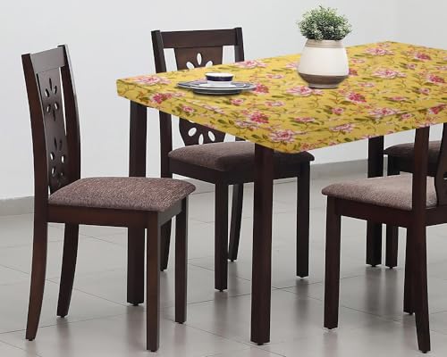 Image of The Furnishing Tree Elastic Cotton Square Dining Table Cover 42x42 in Inches Floral Pink Rose on Yellow Base