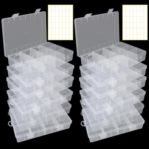 Image of APACALI 12 Pack 12 Grids Plastic Organizer Box with Dividers, 18 Compartment (+stickers), Tackle Box Organizers and Craft Storage Clear Small Parts Organizer, Fishing Organizer Box for Art DIY Beads